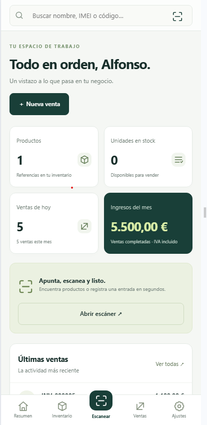 Captura real de INVEHU en móvil, con resumen de ventas y acceso al escáner